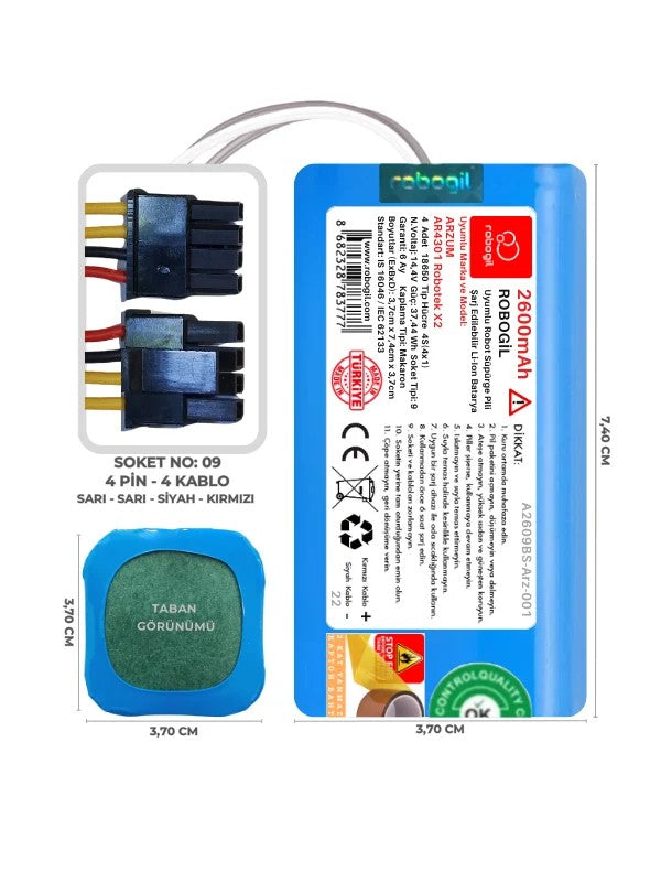 Arzum AR4301 Robotek X2 2600mAh Uyumlu Bataryası Robot Süpürge Pili Li-ion Yedek Pil Paketi A2609BS-Arz-001