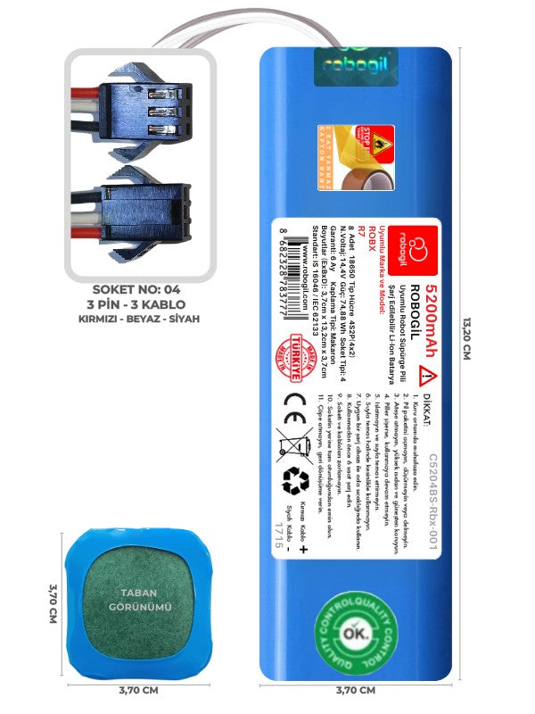 Robx R7 5200mAh Uyumlu Bataryası Robot Süpürge Pili Li-ion Yedek Pil Paketi C5204BS-Rbx-001