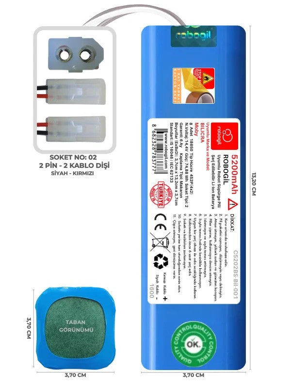 Bilicra Moby 5200mAh Uyumlu Bataryası Robot Süpürge Pili Li-ion Yedek Pil Paketi C5202BS-Bil-001