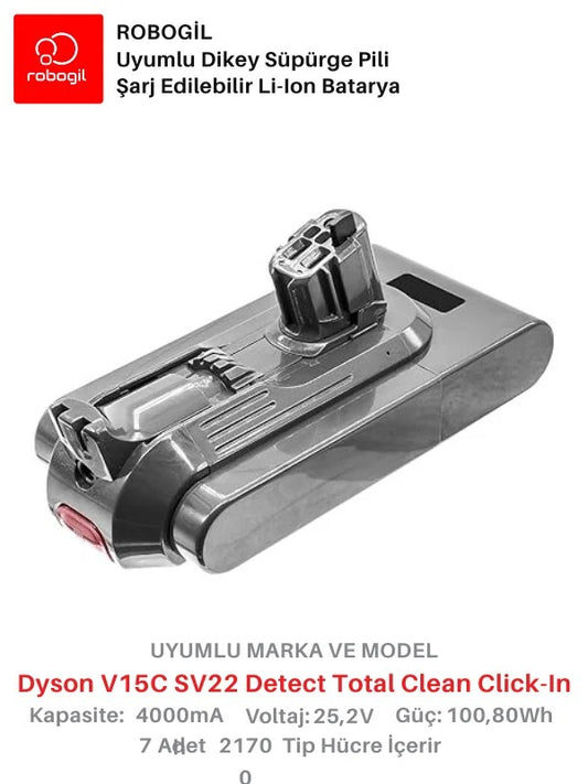 Dyson V15C SV22 Detect Total Clean 4000mAh Uyumlu Bataryası Dikey Süpürge Pili Li-ion Yedek Pil Paketi DysV15C-SV22-03