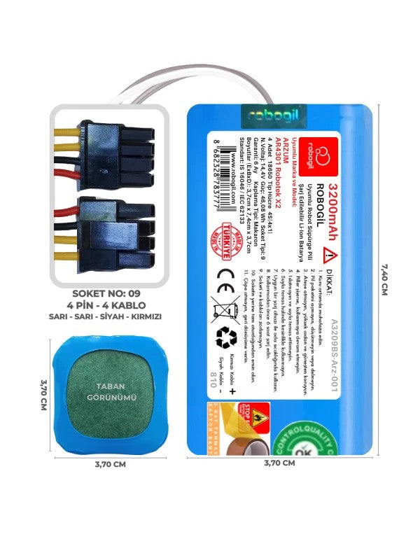Arzum AR4301 Robotek X2 3200mAh Uyumlu Bataryası Robot Süpürge Pili Li-ion Yedek Pil Paketi A3209BS-Arz-001