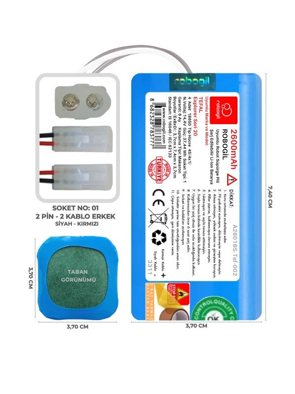 Tefal Explorer Seri 20 2600mAh Uyumlu Bataryası Robot Süpürge Pili Li-ion Yedek Pil Paketi A2601BS-Tef-002