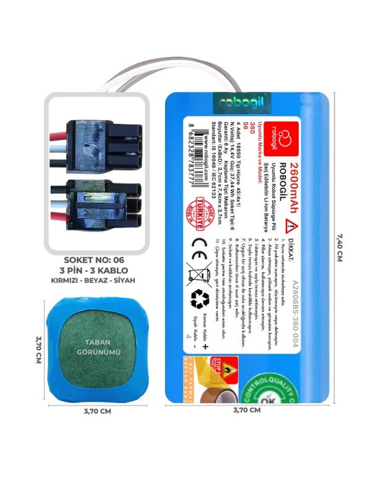 360 S6 2600mAh Uyumlu Bataryası Robot Süpürge Pili Li-ion Yedek Pil Paketi A2606BS-360-004
