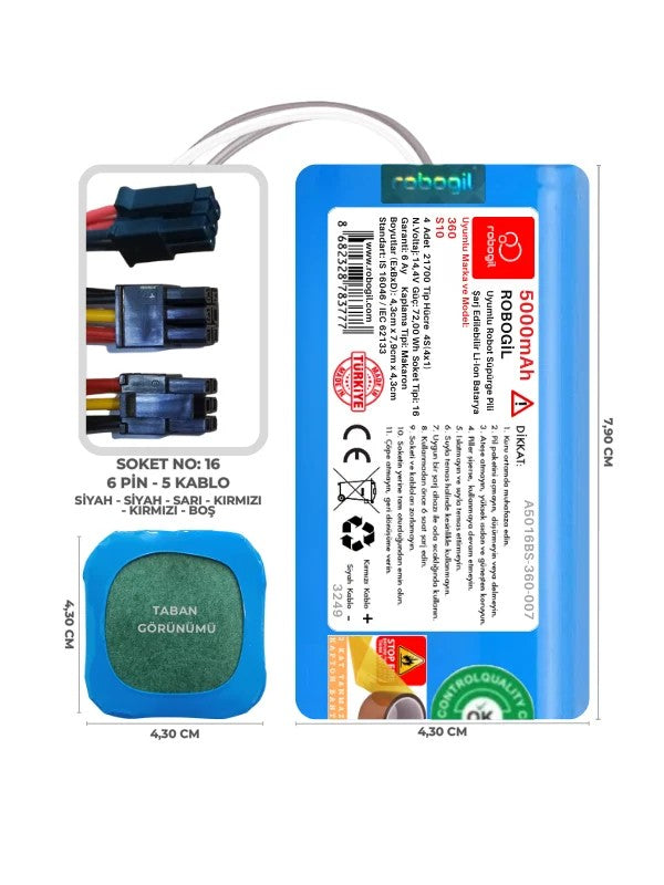 360 S10 5000mAh Uyumlu Bataryası Robot Süpürge Pili Li-ion Yedek Pil Paketi A5016BS-360-007