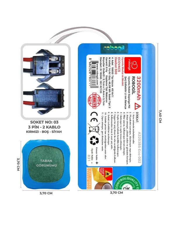Ecovacs Deebot 500 3200mAh Uyumlu Bataryası Robot Süpürge Pili Li-ion Yedek Pil Paketi A3203BS-Eco-002