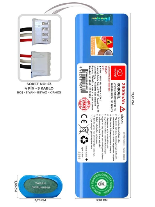 Yeedi S11 2900mAh Uyumlu Bataryası Robot Süpürge Pili Li-ion Yedek Pil Paketi B2923BS-Yee-003