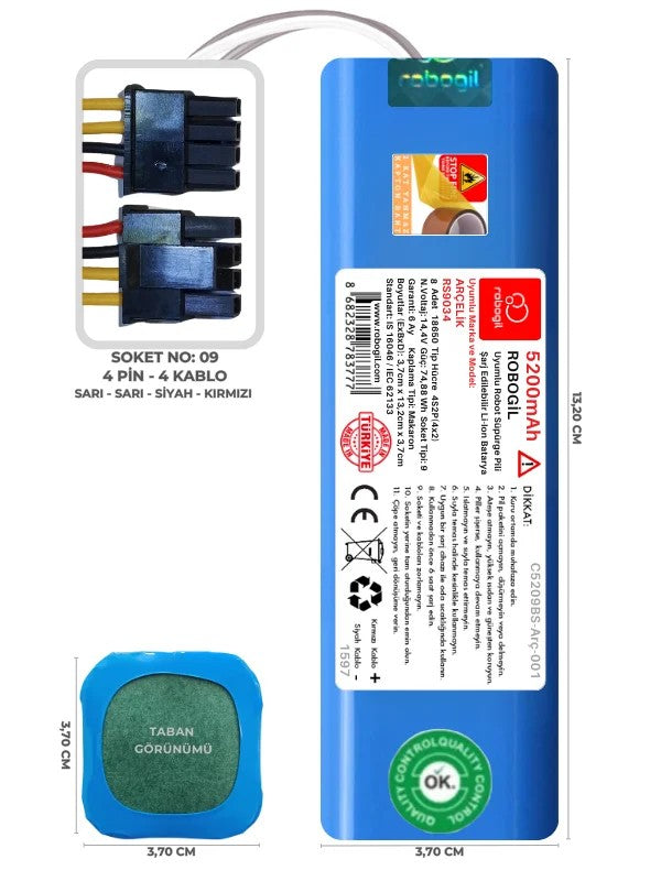 Arçelik RS 9034 5200mAh Uyumlu Bataryası Robot Süpürge Pili Li-ion Yedek Pil Paketi C5209BS-Arç-001