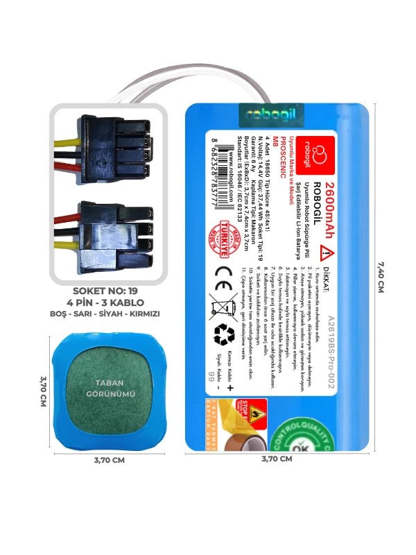 Proscenic M8 2600mAh Uyumlu Bataryası Robot Süpürge Pili Li-ion Yedek Pil Paketi A2619BS-Pro-002