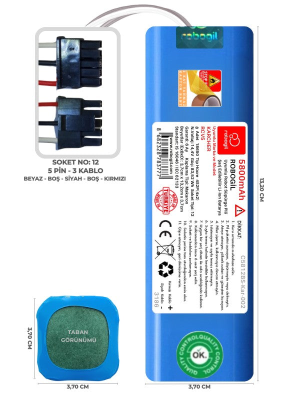 Karcher RCV5 5800mAh Uyumlu Bataryası Robot Süpürge Pili Li-ion Yedek Pil Paketi C5812BS-Kar-002
