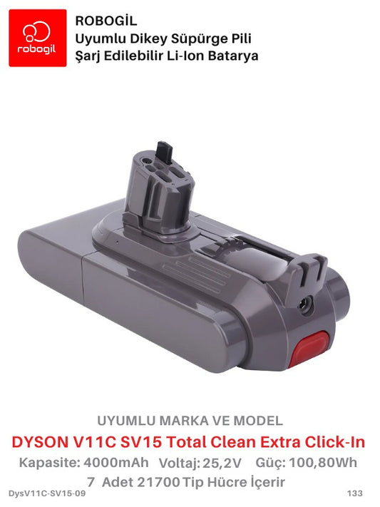 Dyson V11C SV15 Total Clean Extra Click-In 4000mAh Uyumlu Pil Paketi / Bataryası DysV11C-SV15-09Sıra: 133