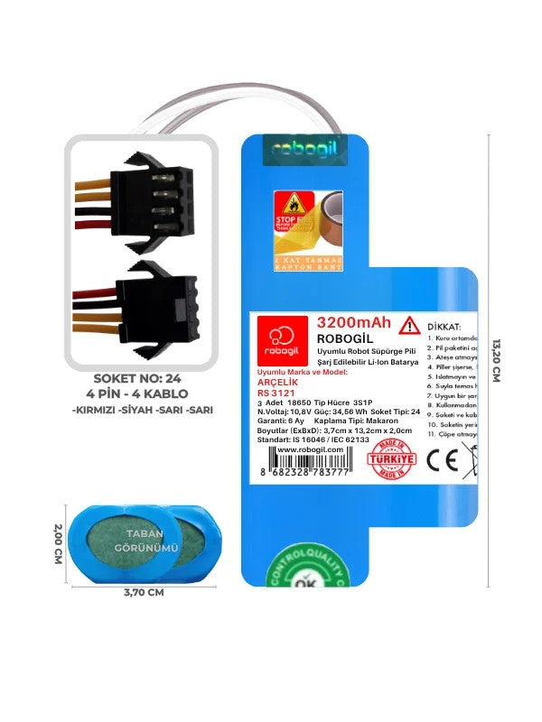 Arçelik RS 3121 3200mAh Uyumlu Bataryası Robot Süpürge Pili Li-ion Yedek Pil Paketi T3224BS-Arç-006