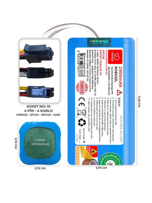 Arzum AR4304 Robotek X4 2900mAh Uyumlu Bataryası Robot Süpürge Pili Li-ion Yedek Pil Paketi A2910BS-Arz-002