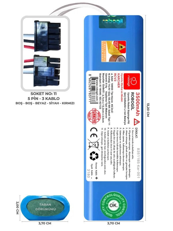 Karcher RCV3 3500mAh Uyumlu Bataryası Robot Süpürge Pili Li-ion Yedek Pil Paketi B3511BS-Kar-001