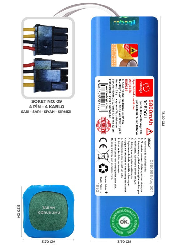 Arçelik RS 9034 5800mAh Uyumlu Bataryası Robot Süpürge Pili Li-ion Yedek Pil Paketi C5809BS-Arç-001