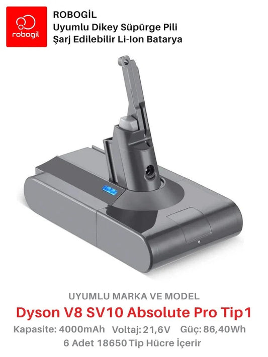 Dyson V8 SV10 Absolute Pro 4000mAh Uyumlu Bataryası Dikey Süpürge Pili Li-ion Yedek Pil Paketi DysV8-SV10-26
