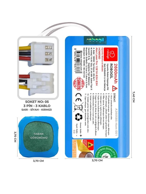 Homend Alex Laser Pro 1281H-82H-83H 2600mAh Uyumlu Bataryası Robot Süpürge Pili Li-ion Yedek Pil Paketi A2605BS-Hom-001