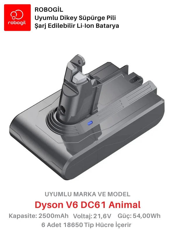Dyson V6 DC61 Animal 2500mAh Uyumlu Bataryası Dikey Süpürge Pili Li-ion Yedek Pil Paketi DysV6-DC61-01