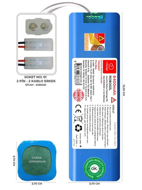 Trident Pro Max 6400mAh Uyumlu Bataryası Robot Süpürge Pili Li-ion Yedek Pil Paketi C6401BS-Tri-001